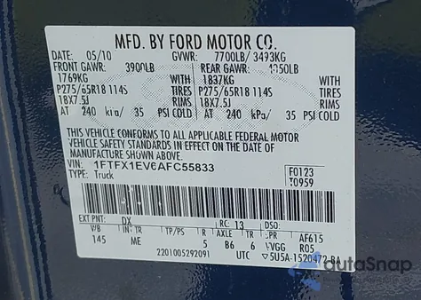 2010 Ford F-150 Fx4/Lariat/Xl/Xlt z USA, uszkodzony, nr VIN 1FTFX1EV6AFC55833